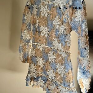 Floral Lace Dress in Blue, White, and Tan